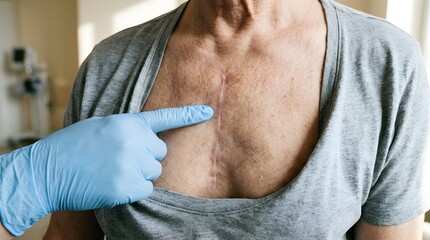 A healthcare worker pointing to a healed vertical sternotomy scar on a patient's chest after open-heart surgery.