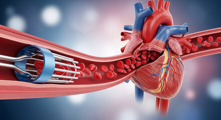 Medical illustration of a human heart connected to a blood vessel cross-section showing red blood cells flowing through an implanted vascular device.