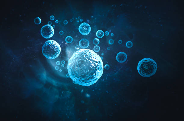 Glowing blue spherical cells suspended in a dark fluid environment, suggesting microscopic biological activity.