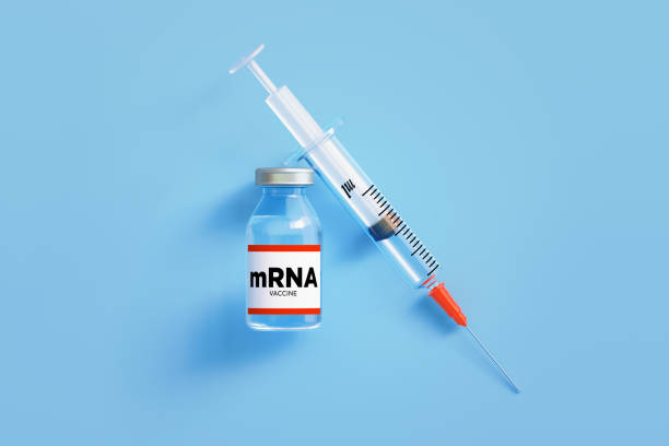 A labeled mRNA vaccine vial and syringe on a light blue background.